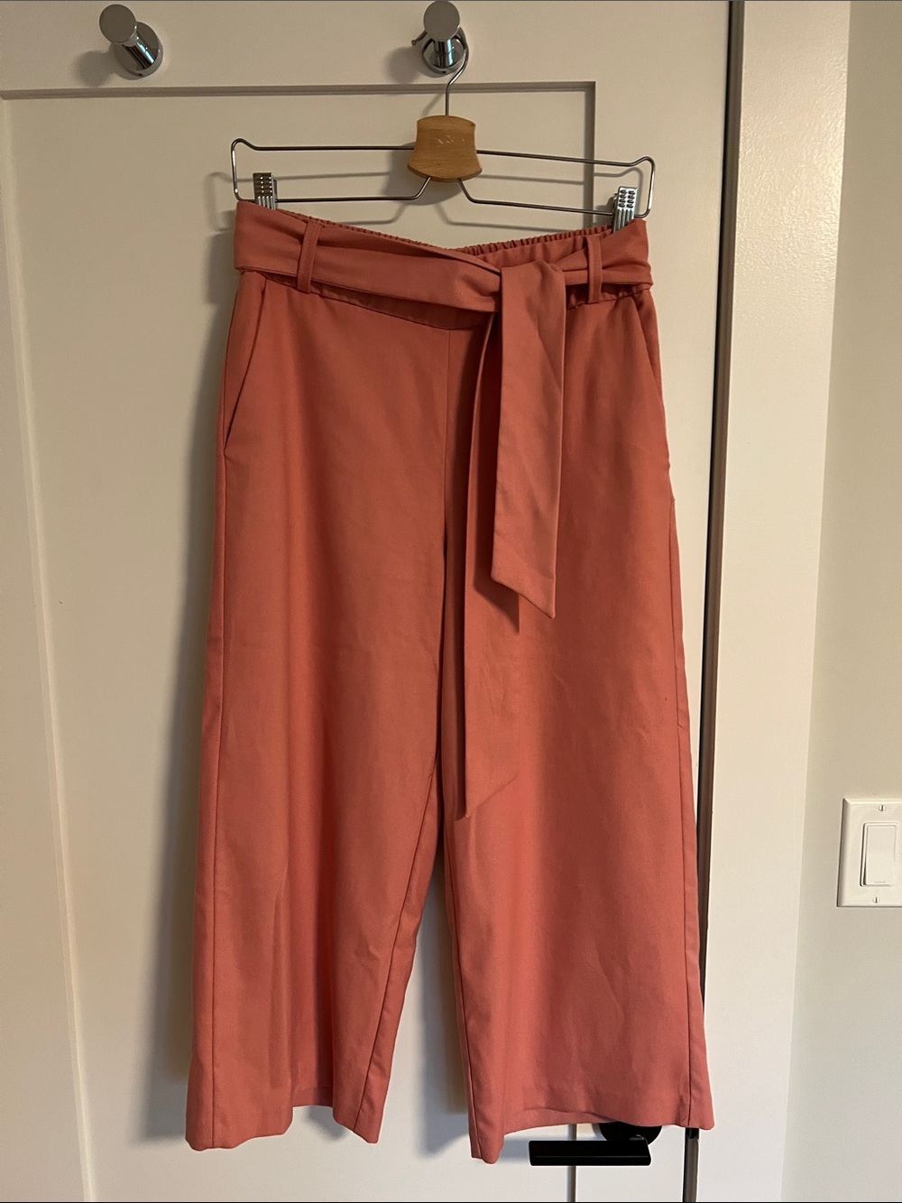 Zara Coral Paperbag Waist Cropped Wide-Leg Pants with Tie Belt